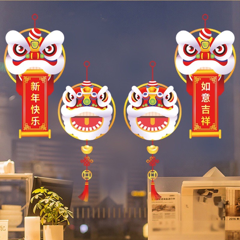 Decal Tết Hít Tĩnh Điện không dơ kính - 4 Đầu Lân chào Xuân