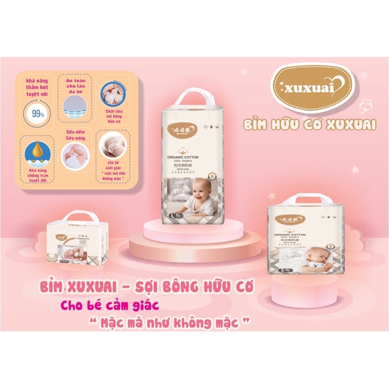 Bỉm hữu cơ Xuxuai Quần/dán - size NewBorn,S,M,L,XL,XXL - số miếng NB36, S68, M50c,L48,XL44,XXL42c / bịch