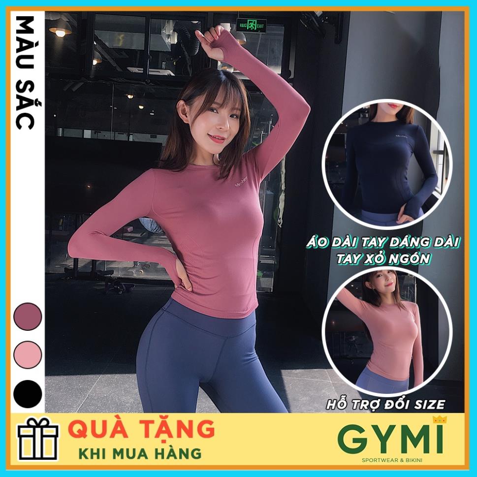 Áo tập gym yoga nữ dài tay GYMI AD05 logo Misshine dáng phủ bụng chất dệt co giãn thấm mồ hôi ⚡