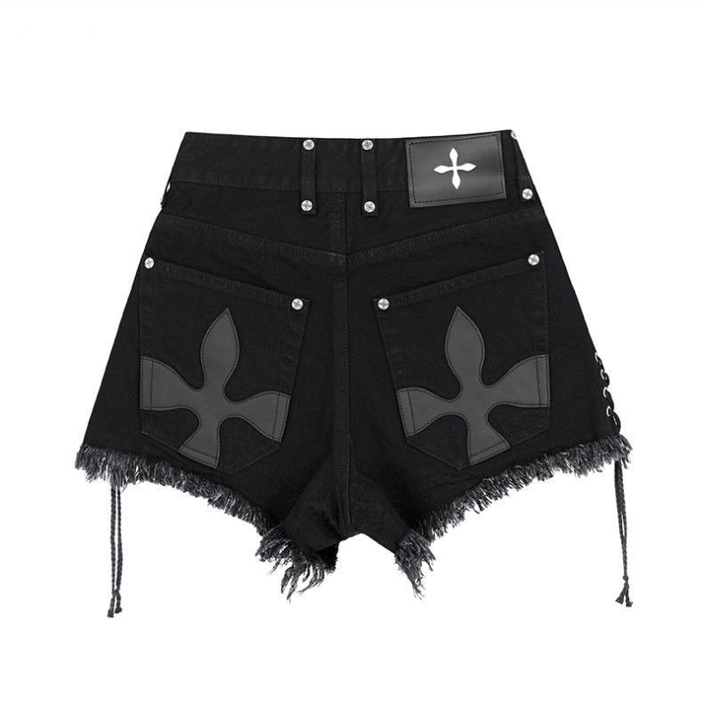 Jiashucheng Quần Short Denim Mùa Hè Cỡ Lớn Họa Tiết Hoa Chéo Viền Raw Buộc Dây Cá Tính Phong Cách Tối Màu Cá Tính Cho Nữ Mặc Ngoài Trời