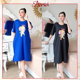 Đầm Suông Dáng Dài Nữ Anquachi Váy Thun Trung Niên Bầu Bì Rộng Rãi Tay Ngắn Xẻ Tà Mặc Nhà Thoải Mái Đẹp S075