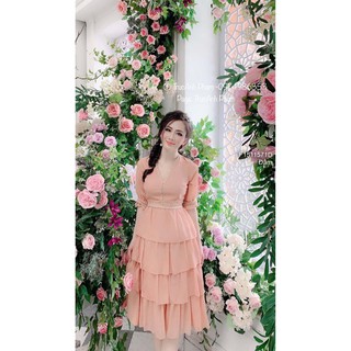 Đầm voan xòe tầng cổ tim phối viền ren QC!