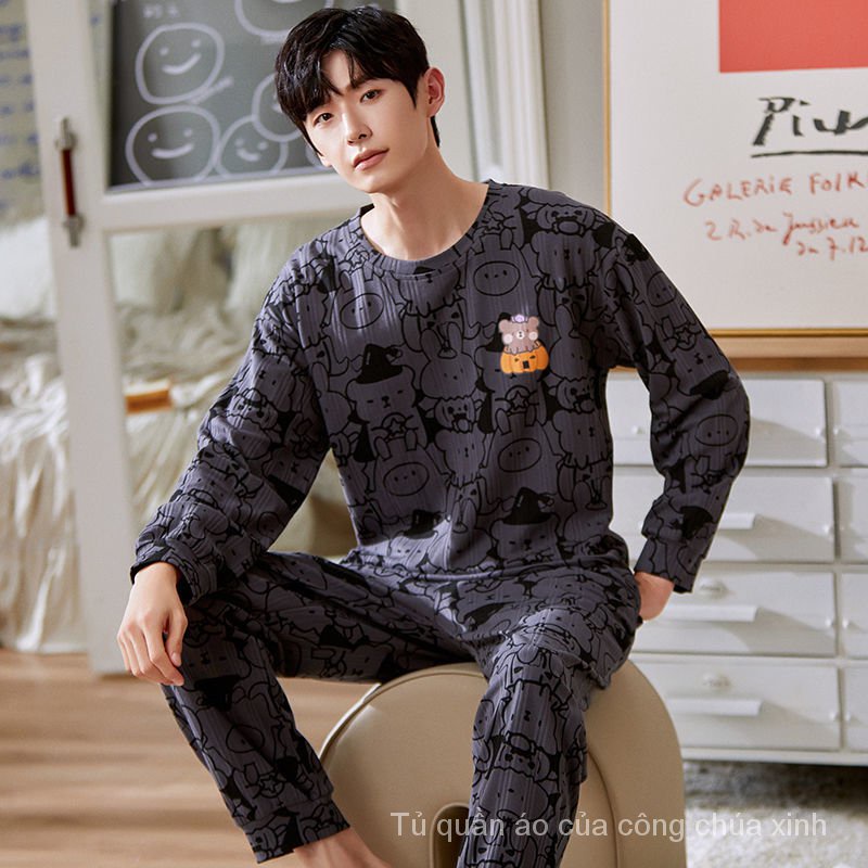 Bộ đồ ngủ tay dài chất liệu cotton mỏng nhẹ thời trang thu đông cho nam EI9w