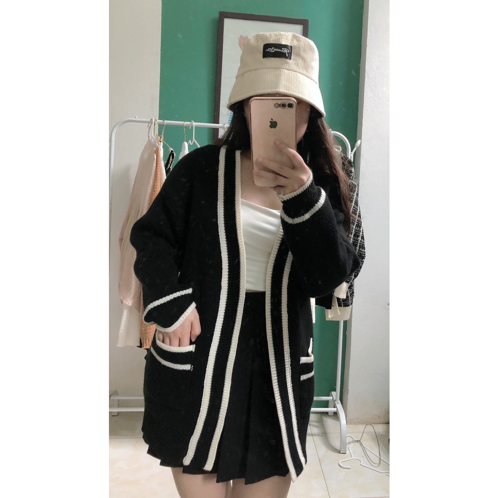 Áo Cardigan Viền Len Dáng Dài 2 Màu Đen Trắng Cho Mùa Thu Đông Nhà Chic Z