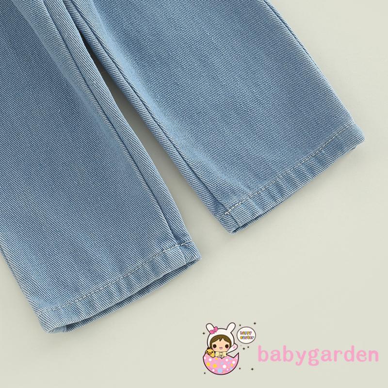 Bộ Áo Tay Phồng Cổ Tròn Màu Trơn + Quần Jean Buộc Dây Màu Trơn Thời Trang Cho Bé Gái 1-6 Tuổi