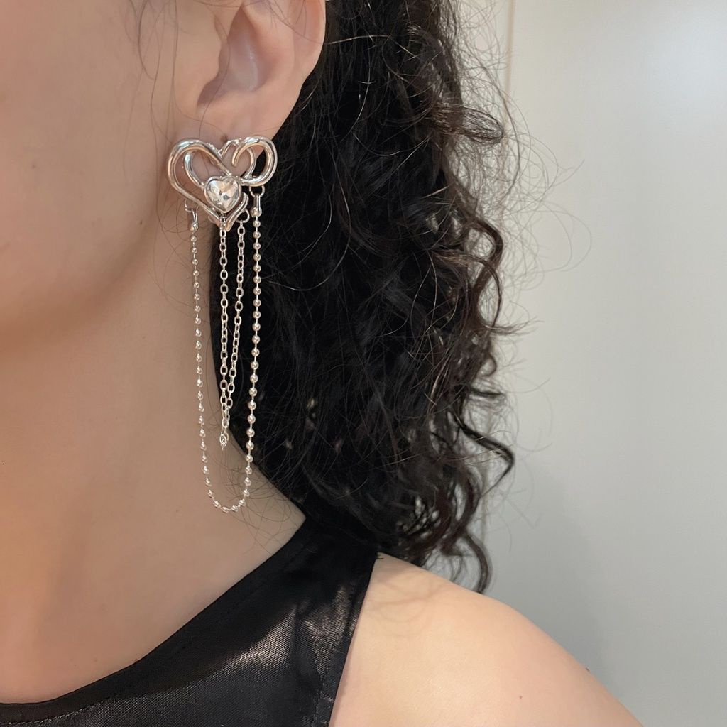 Khuyên tai kim loại dáng dài mặt hình trái tim phong cách Hàn Quốc thời trang mùa hè dễ thương
