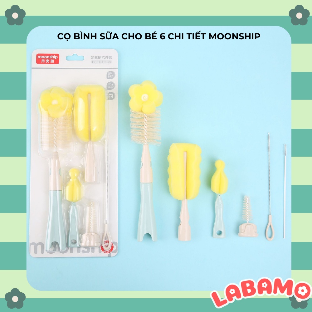 Cọ bình sữa 6 chi tiết cao cấp cho bé Moonship tay cầm xoay 360 độ LABAMO CB01