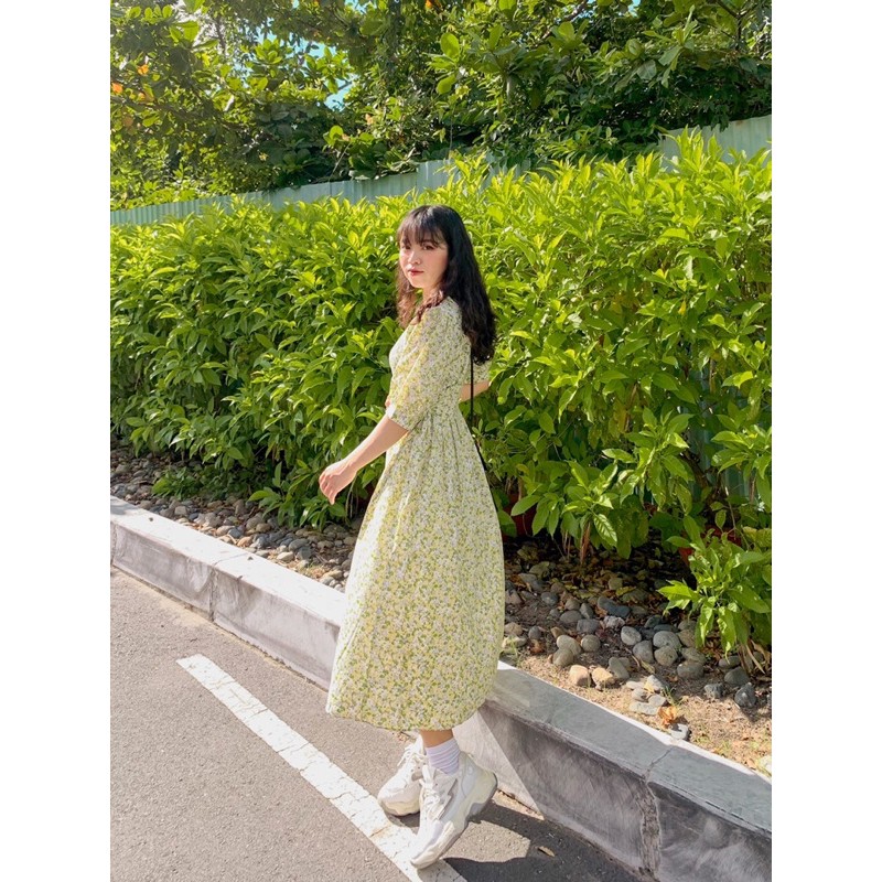 Đầm babydoll hoa nhí eo nơ 2 bên