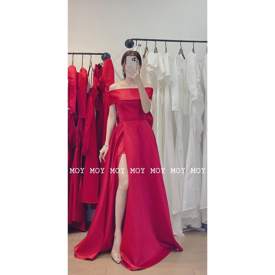 Váy cúp phi xòe xẻ bệt vai nơ đan lưng - Váy cưới thiết kế đơn giản-H316