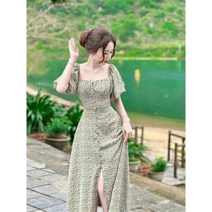Váy đầm nữ dáng xòe cổ vuông tay phồng họa tiết phối nút bọc | BigBuy360 - bigbuy360.vn