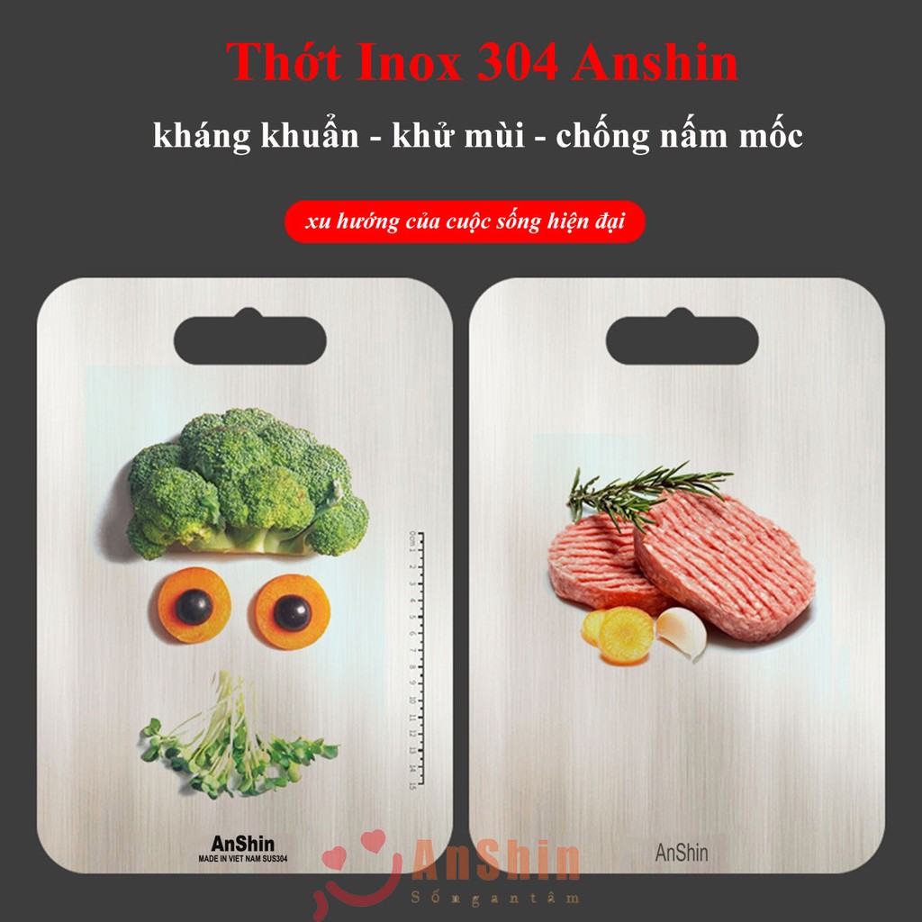 Thớt inox SUS 304 Anshin - trọn đời không han gỉ - thớt chống ẩm mốc kháng khuẩn - size 29x20 cm