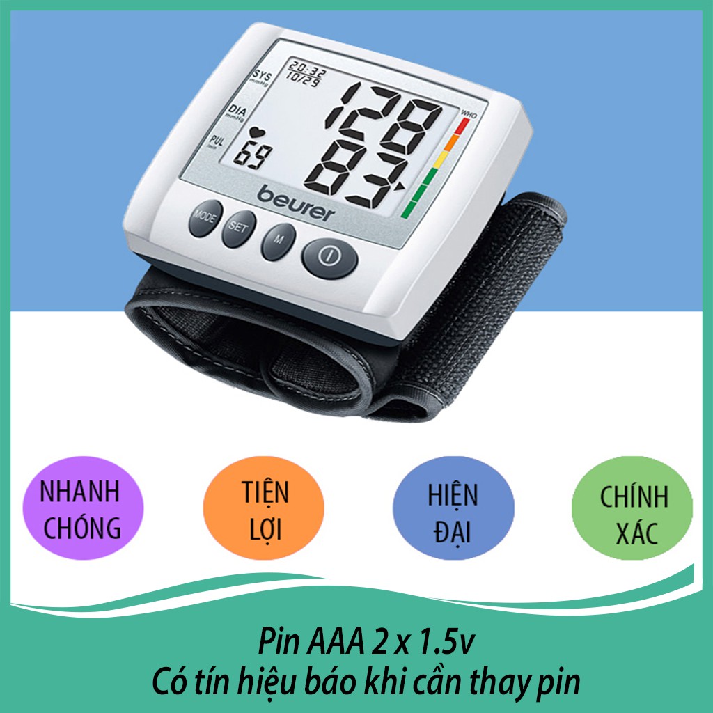 Máy đo huyết áp điện tử cổ tay BEURER BC30 - Sử dụng công nghệ Cảm biến Fuzzy Logic,chuẩn WHO - Nhập khẩu chính hãng Đức