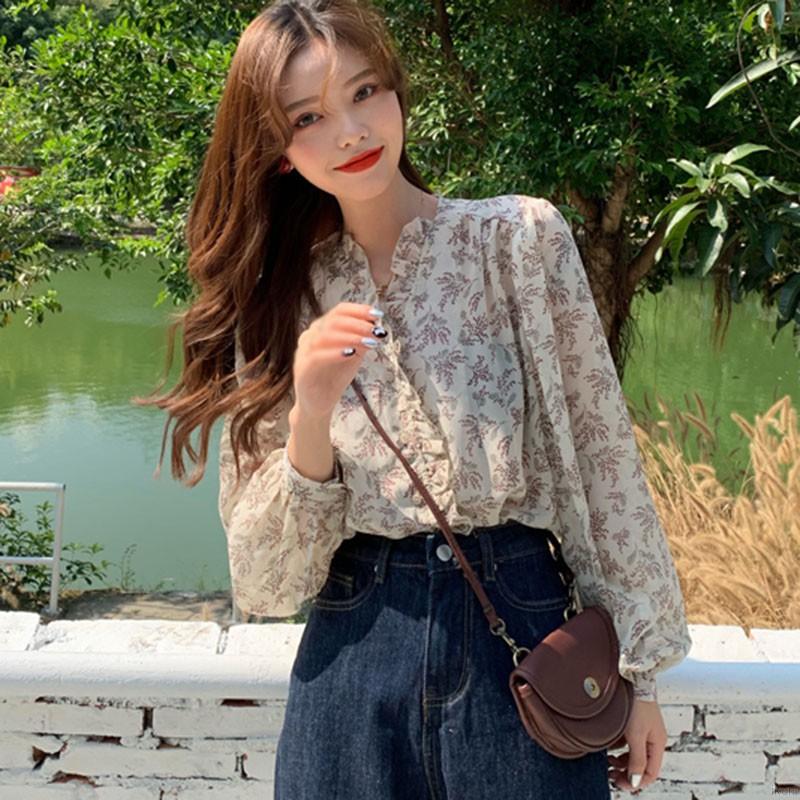 Áo Kiểu Chất Chiffon Tay Dài Hoạ Tiết Hoa Thiết Kế Dáng Rộng Che Nắng Dành Cho Nữ váy Ao