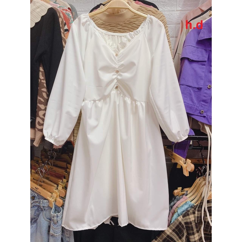 Váy cổ tim 3 cúc ngực Váy 2 lớp lót từ trên cổ  xuống