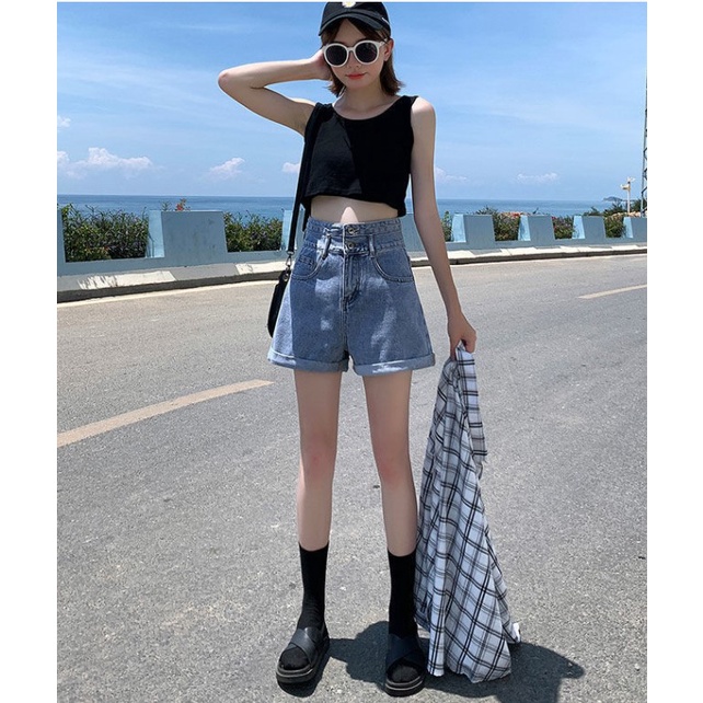 Quần Short Denim Lưng Cao Ống Rộng Thoáng Khí Cho Nữ