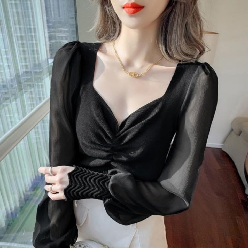 Áo Sweater Vải Lụa Lạnh Mỏng Cổ Vuông Tay Phồng Thời Trang Mùa Thu Mới 2022 Cho Nữ