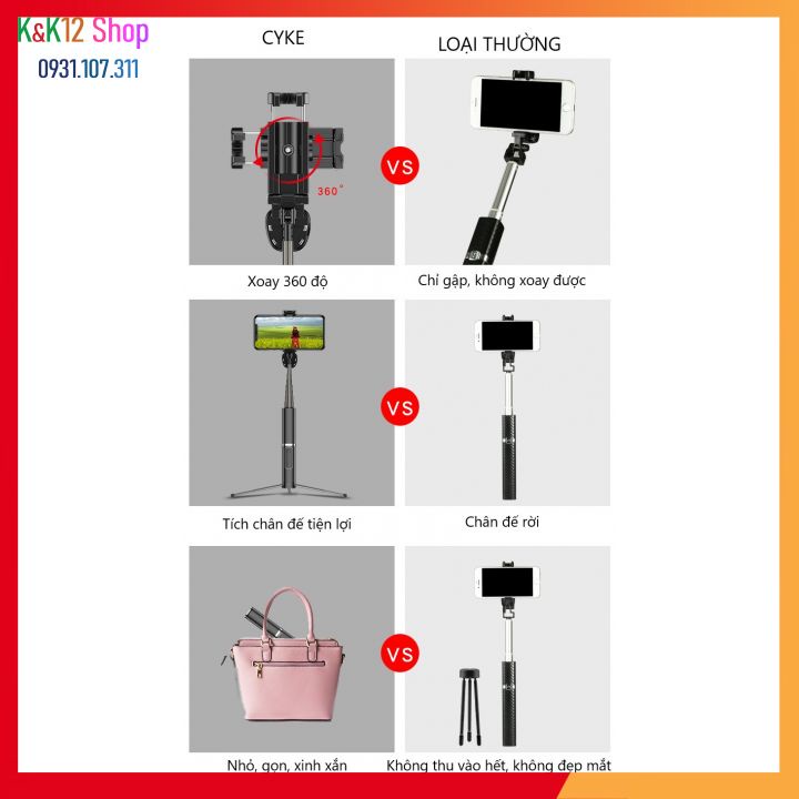 Gậy chụp hình 3 chân CYKE, Cây tự sướng cao cấp đa năng kiểu dáng nhỏ,gọn,tinh tế với tính năng vượt trội. Mới nhất 2021 | BigBuy360 - bigbuy360.vn