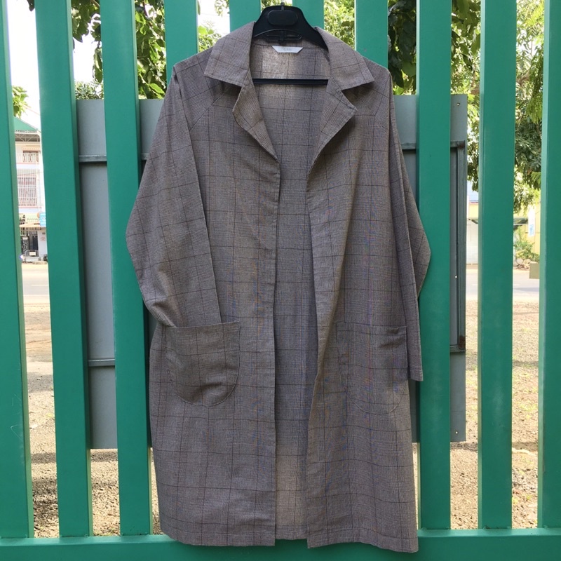 Khoác vest caro dáng dài 1 lớp Ziggi summer plaid trench coat