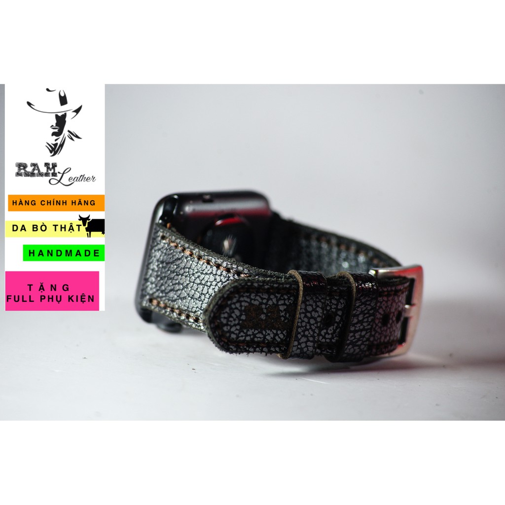 Dây Apple Watch , iWatch , iphone Watch da bò vân cá mập vintage RAM Leather classic 1956 đen thép