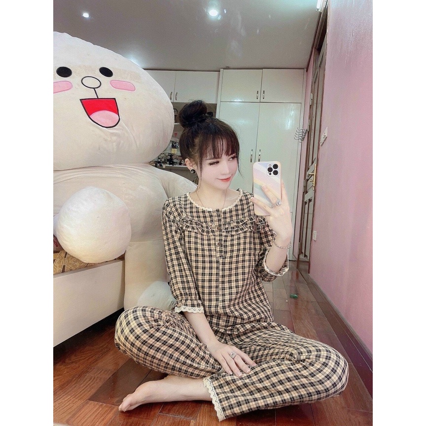 Bộ đồ mặc nhà kẻ viền ren bo tay