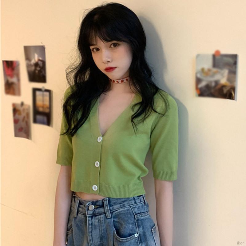 Women's Fashion V-neck Button Short Crop tops Exposed Navel Knitted Short Sleeved T-shirt Cardigan Tops