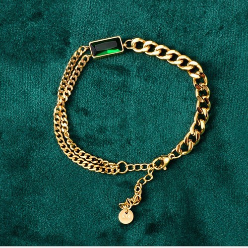 Lắc Tay Dây Xích Đính Đá Nhân Tạo Màu Xanh Lá Titan Ko Đen TT 3511