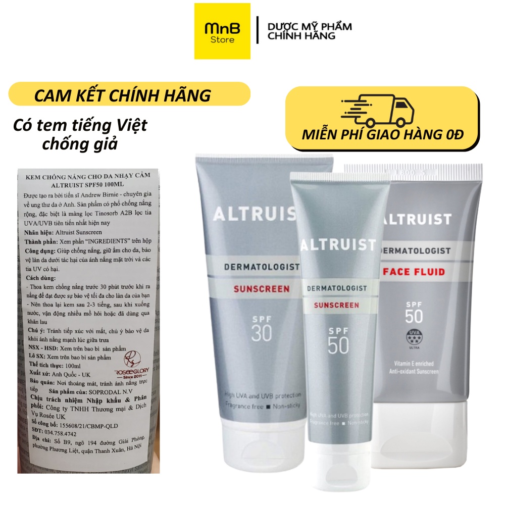 Kem chống nắng Altruist Dermatologist Sunscreen quang phổ rộng, chuyên biệt dùng trong da liễu