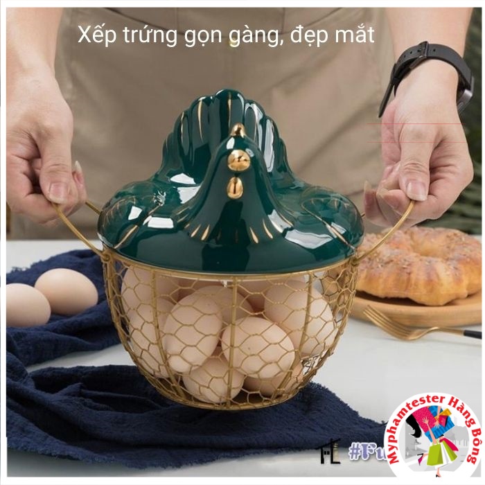 (HÀNG ĐẸP) Giỏ INOX gà SỨ đựng trứng trang trí nhà cửa (k gồm trứng)