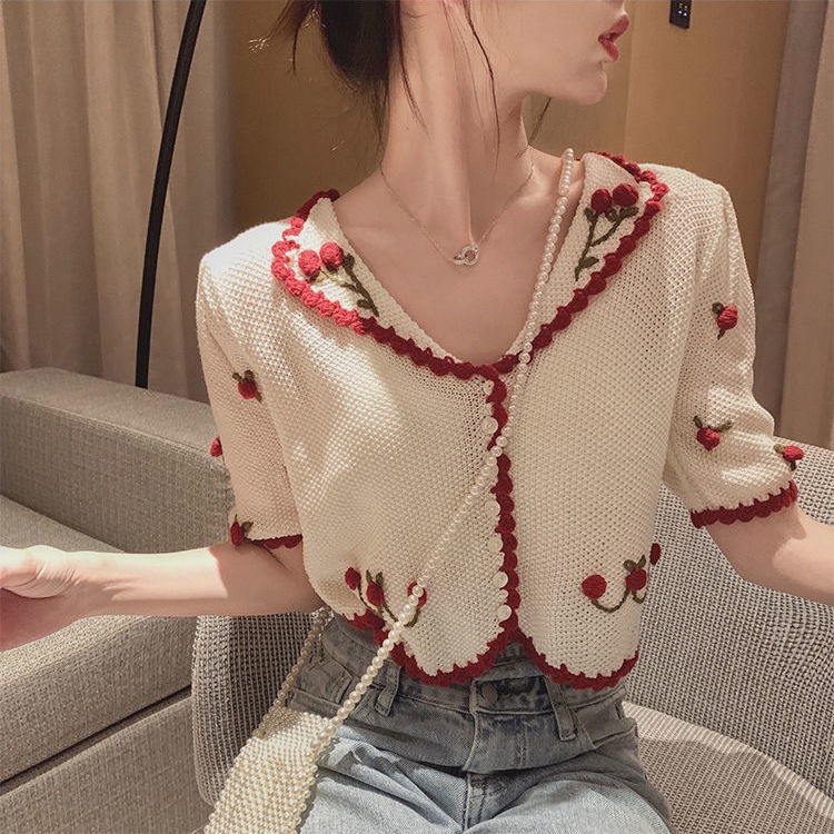 Áo cardigan Ngắn Tay Thêu Họa Tiết Ngọt Ngào Thời Trang Mùa Hè Cho Nữ