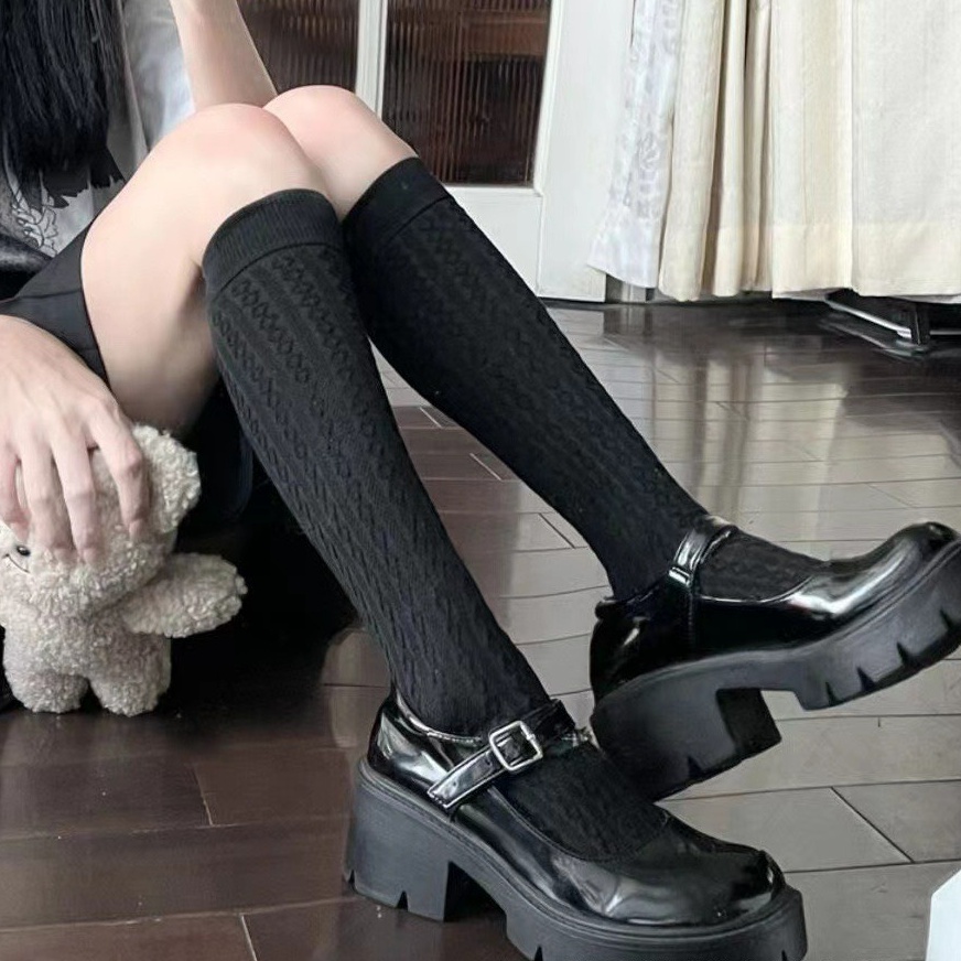 TL110 Tất vớ nữ cổ cao màu trơn 2 màu đen trắng LOLITA  vintage phong cách retro cổ điển