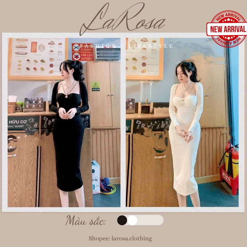 -LAROSA.clothing- Đầm Body Cổ Vuông Nơ Ngực Phối Xích Vàng Trang Phục Dự Tiệc Sexy( Có mút ngực)