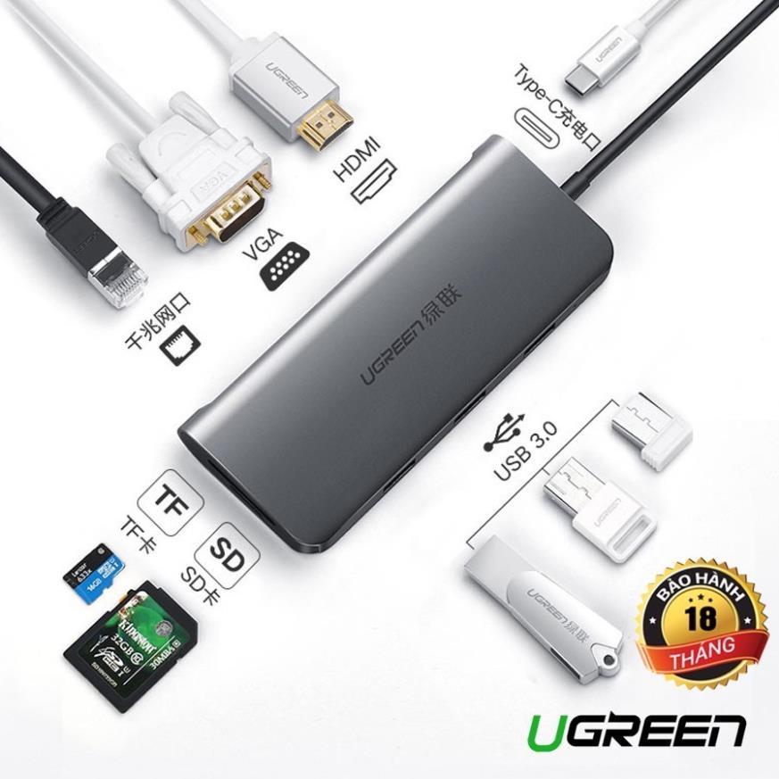 Cáp Chuyển Hub Ugreen 9 in 1 USB Type C Sang 3xUSB 3.0 + HDMI + RJ45+ VGA + SD,TF Ugreen 40873 Chính Hãng Việt Nam