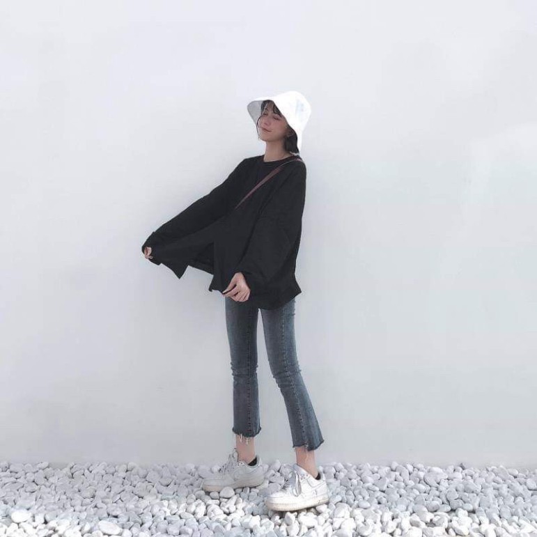 (Giá Gốc) ÁO THUN NỈ NỮ DÀI TAY XẺ VẠT ĐEN TRẮNG FORM RỘNG ULZZANG - (Sp sẵn) -👗TTshop👑