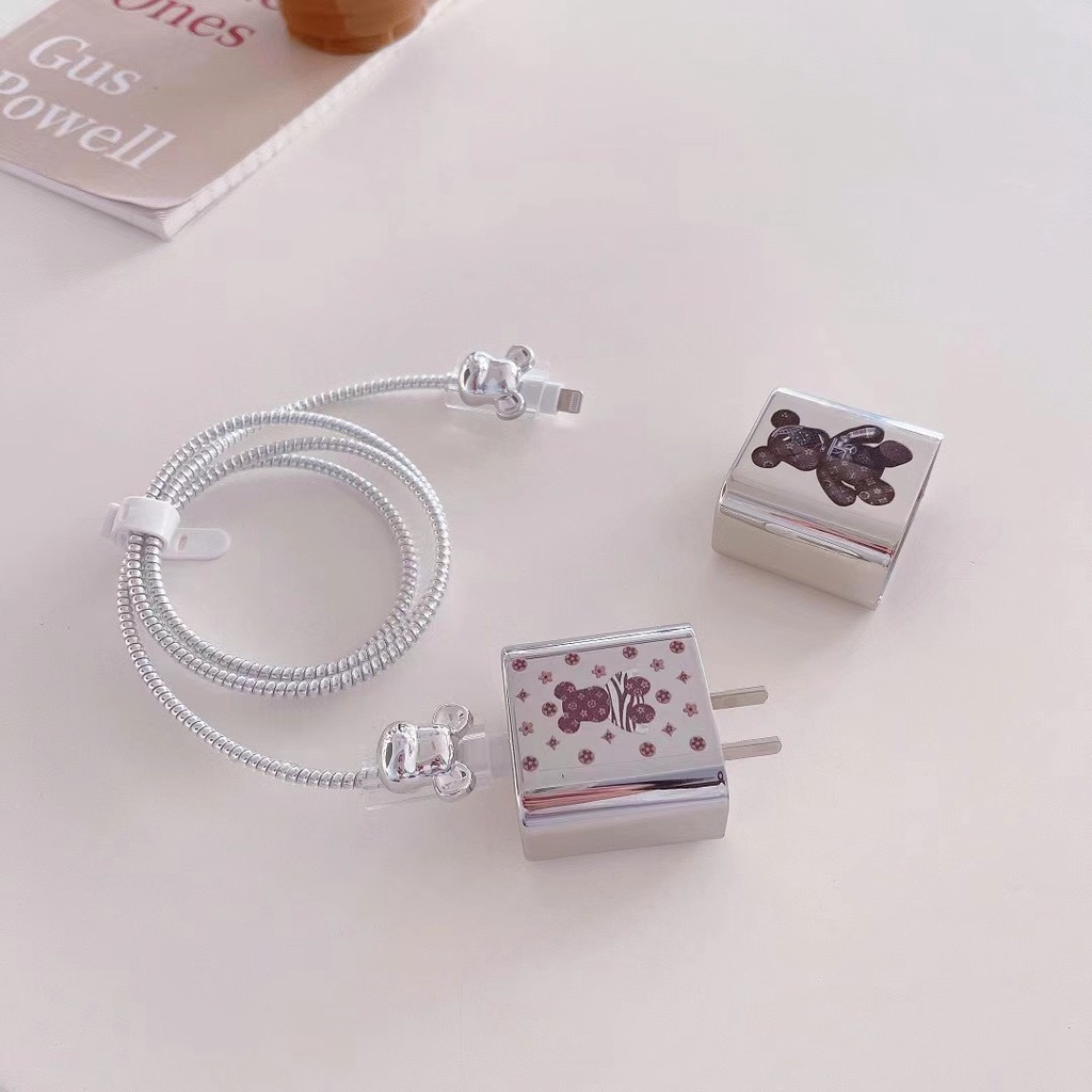 1 Set Vỏ Bảo Vệ Dây Cáp Sạc USB/ Truyền Dữ Liệu Bằng TPU Mềm Hình Gấu 3D Sang Trọng 18W/20W Dành Cho iPhone