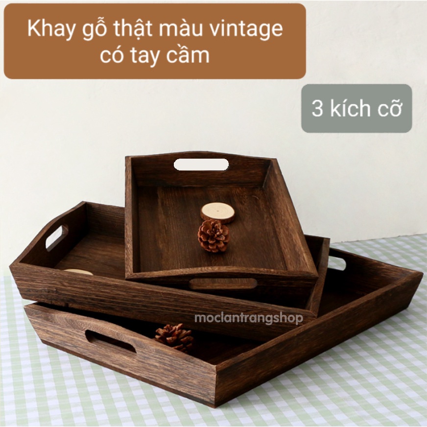 Khay gỗ tự nhiên có tay cầm đựng ấm trà bánh kẹo kiểu Nhật, khay decor trang trí đồ ăn chụp hình vintage màu gỗ xưa