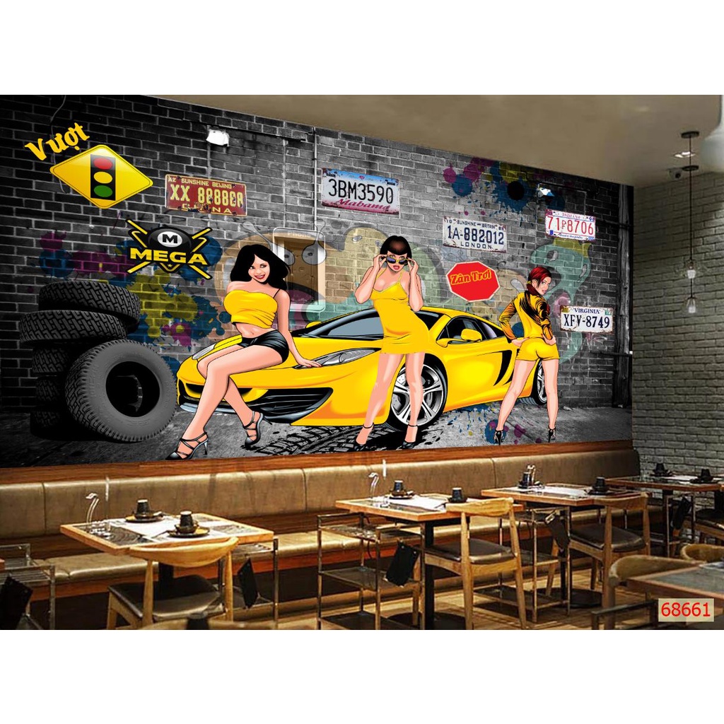 Tranh dán tường 3D trang trí quán cafe trà sữa trà chanh chất liệu decal pp keo sẵn giá rẻ đẹp 012