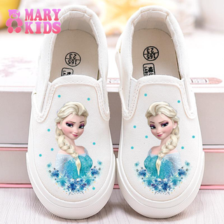 Giày công chúa Elsa cho trẻ em với một chiếc giày nhỏ màu trắng dành cho các bé gái đi học và giày vải cho các bé gái tiểu học