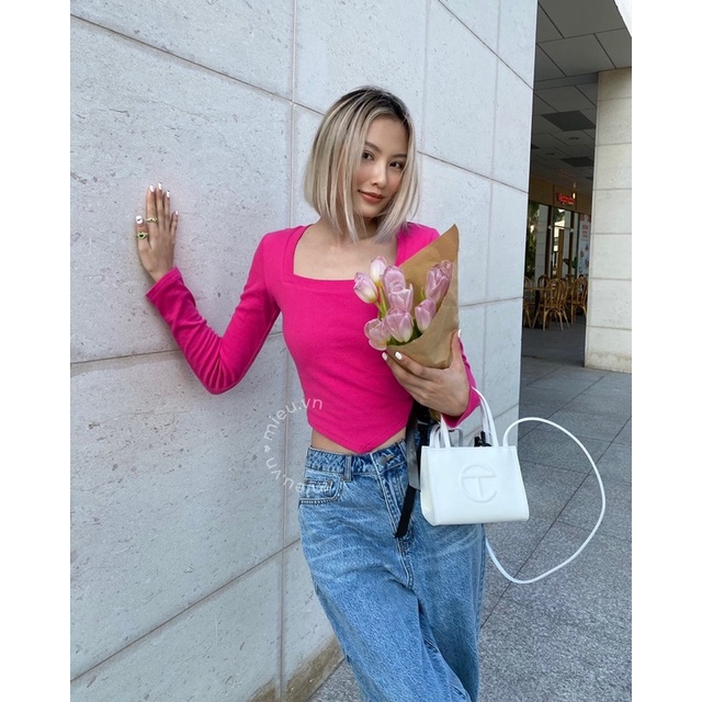 Áo thun nữ vải gân cổ vuông vạt nhọn cá tính MIEU - JA17