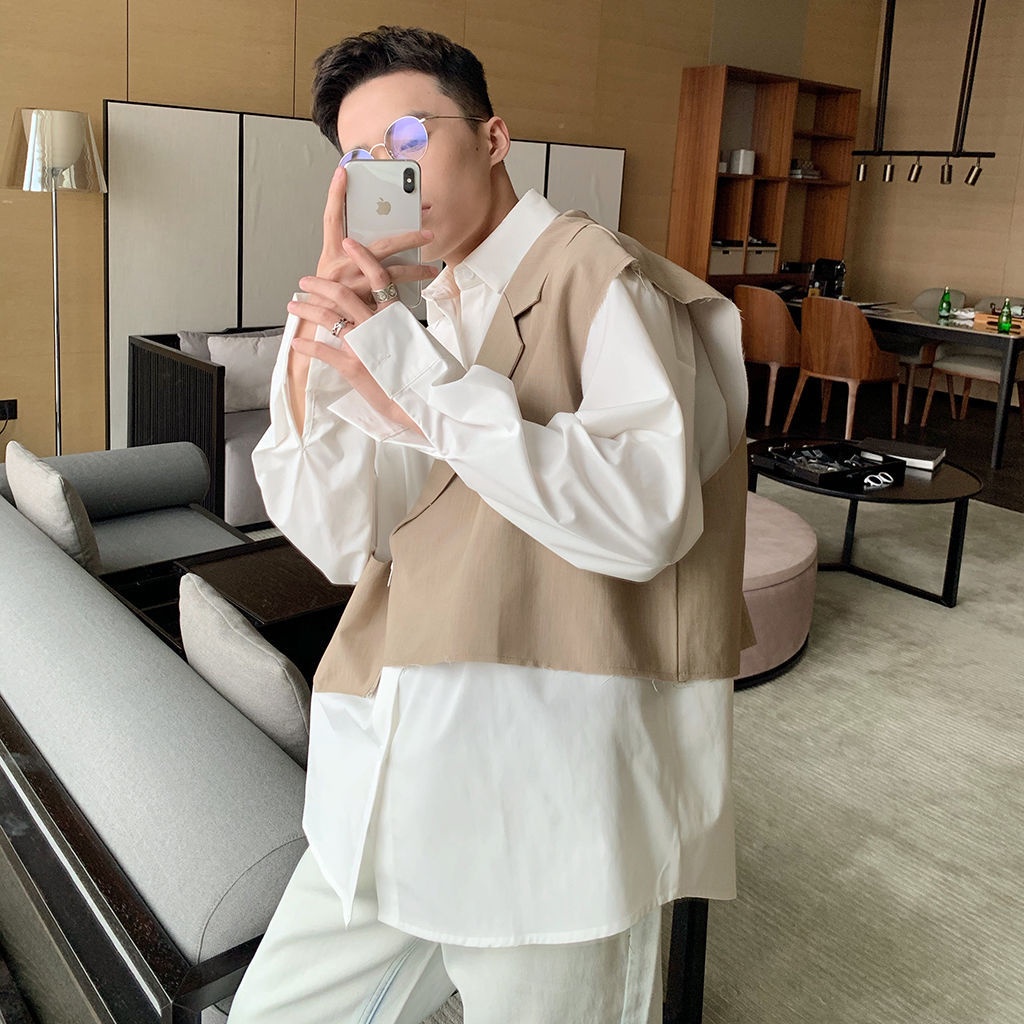 Áo Sơ Mi Nam Dài Tay Giả Hai Lớp Phối Áo Vest Thời Trang Cao Cấp