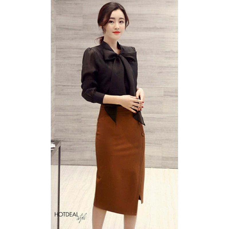 Váy bút chì công sở,chân váy công sở dáng dài đính cúc-co giãn | BigBuy360 - bigbuy360.vn
