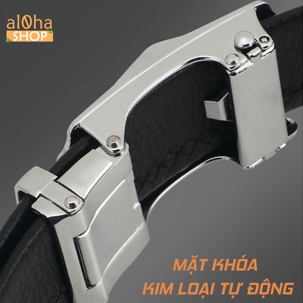 Thắt lưng da nam cao cấp mặt tròn đính đá xoay 360, khoá tự động - al0ha Shop