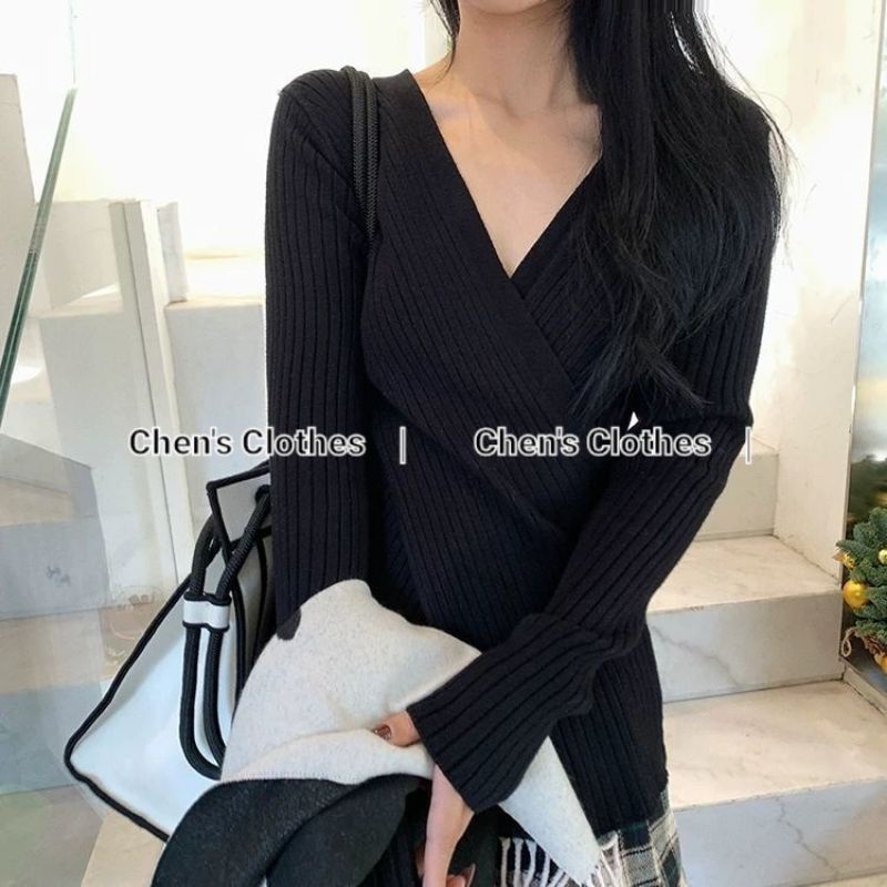 Áo len tăm nữ body cổ V vạt chéo siêu sang chảnh