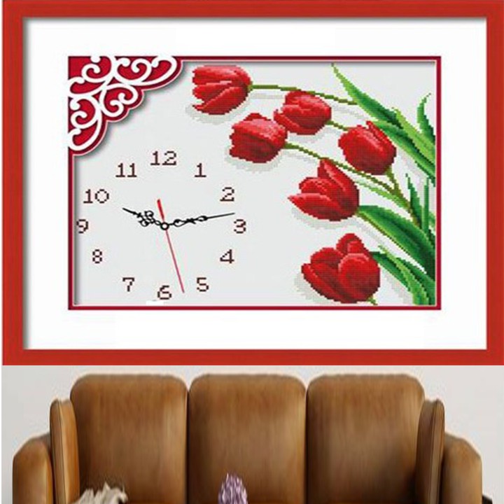 Tranh thêu đồng hồ hoa tulip A895 - kích thước: 44 * 36cm. (TRANH CHƯA LÀM)