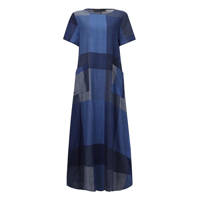 Đầm Maxi ZANZEA Tay Ngắn Họa Tiết Caro Cổ Điển Đơn Giản Cho Nữ