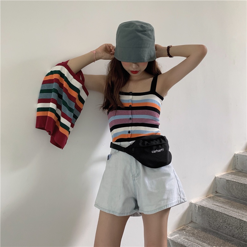 Áo dệt kim ZHELIHANGFEI không tay họa tiết sọc nhiều màu sắc retro thời trang mùa hè phong cách Hong Kong cho nữ