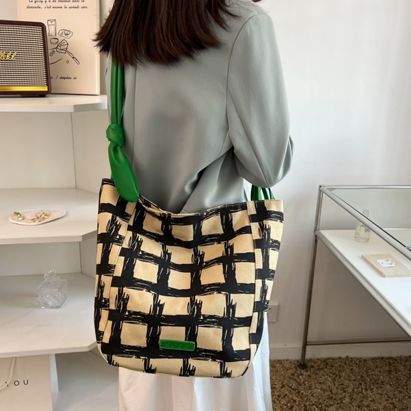 IELGY Túi Đeo Vai Vải canvas Kẻ Sọc Caro Dung Tích Lớn Thời Trang Cho Nữ