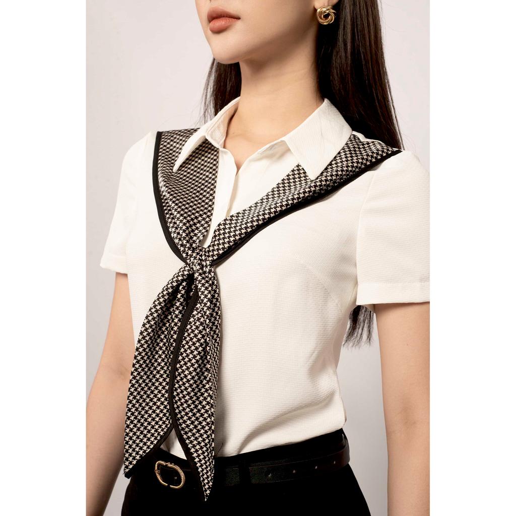 Áo sơ mi cổ đức, cộc tay, phối dây buộc kẻ caro nhỏ MMOutfit M-AO071021216
