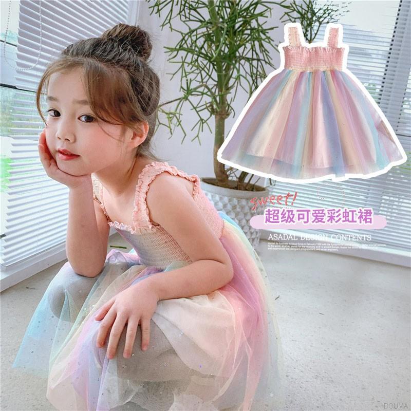 Đầm Xòe Công Chúa Phối Lưới Màu Cầu Vồng Thiết Kế Xinh Xắn Cho Bé Gái