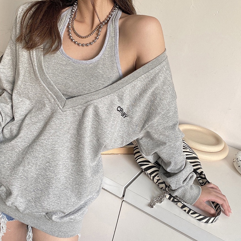 SUXI Áo thun tay dài cổ chữ v dáng dài rộng phong cách Hàn Quốc cho nữ