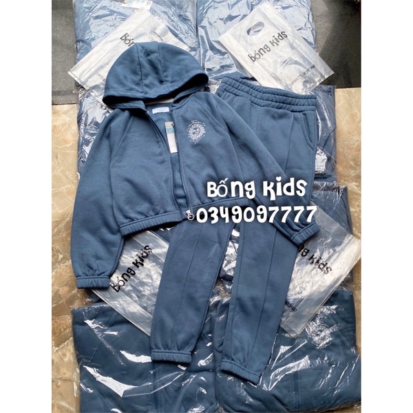 Bộ Nỉ Hoodie Kéo Khoá Bé Gái Xanh Trời Xẫm PR